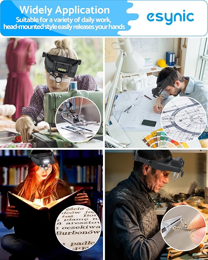 eSynic Professional 1-14X Head Magnifier Wearable Headband Magnifying Glasses Rechargeable Head Magnifying Glass with 3 LED Lights &5 Detachable Acrylic Lenses for Craft Work Reading Sewing etc