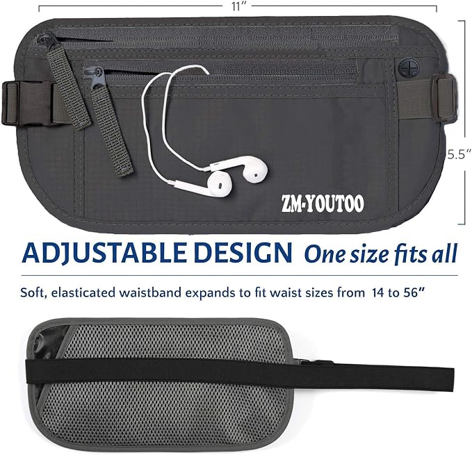 ZM-YOUTOO Money Belt for Travel - Hidden Travel Pouch Protect Your Credit and Money With RFID Blocking Passport Holder Waist Wallet (gray)