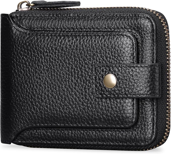 GOIACII Zipper Wallet for Men Genuine Leather RFID Blocking Mens Wallet with Zipper Coin Pocket ID Window Zipper Wallets Large Capacity
