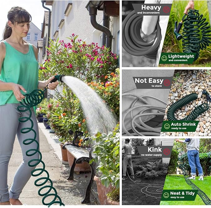 Coil Hose 25FT EVA Coil Garden Hose With 3/4'' Brass Connector Coiled Water Hose Lightweight And No Kink Includes 7 Patterns Spray Nozzle For Outdoors Lawn Watering Car Washing