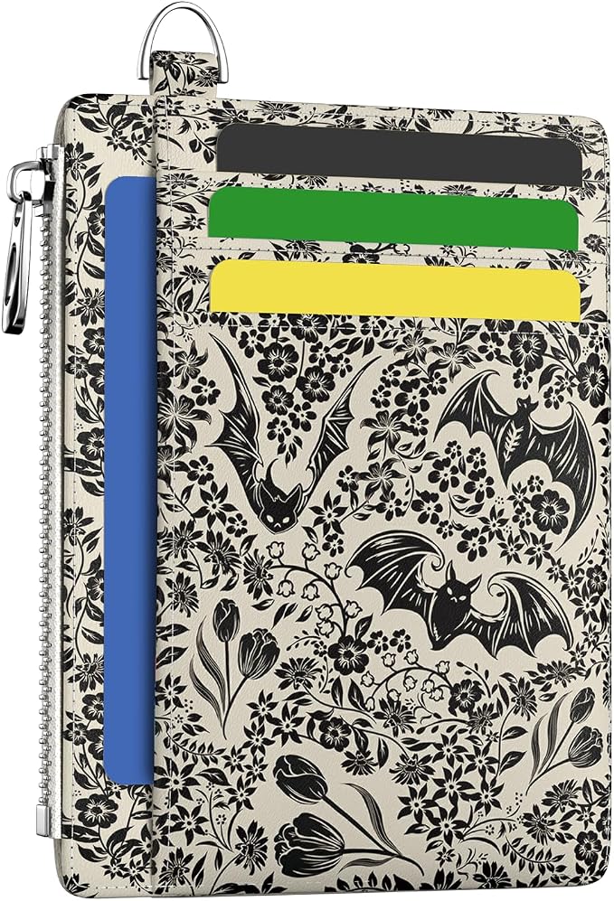 Hancynir Goth Bat Floral Slim Wallet Women Credit Card Holder RFID Small | Gothic Zipper Pocket, Thin Travel Coin Purse, Ladies Women Gifts, Card Case Wallet, 6 Card Slots, ID Window, PU Leather