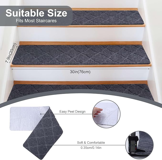 15 PCS Non Slip Stair Treads for Wooden Steps – 8"x30" Indoor Non Slip Stair Treads, Carpet Stair Mats with Self-Adhesive Backing, Removable & Machine Washable – Light Grey Pattern