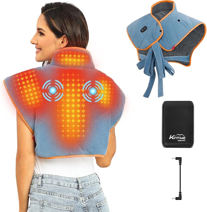 Heating Pad for Neck and Shoulders and Back with Battery,12V Heated Pad with Vibration Massager and 3 Heating Modes,Portable Weighted Electric Heat Pad,16.5'' x 23.2''