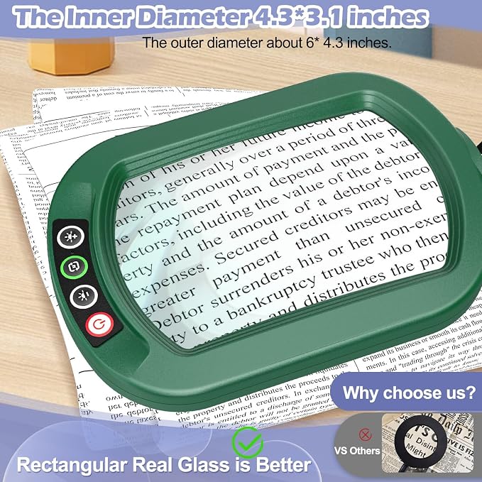 Drdefi 12X Square Magnifying Glass with Light and Stand, Real Glass LED Lighted Magnifier, 5 Color Modes Stepless Dimmable, Hands-Free Mag Desk Lamp with Clamp for Reading Craft Hobby Close Work Green