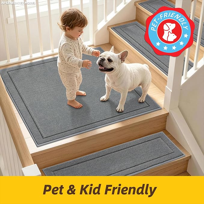 JSEI Non-Slip Stair Landing Rug Mat, 1-Pack 30" X 30", Light Grey | Edging Stair Treads Corner Indoor Stair Runners for Wooden Steps for Kids and Dogs, 100% Polyester, TPE Backing