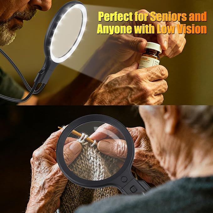 Hands-Free Neckband Magnifier & Magnifying Glass with Light for Seniors – Rechargeable 5X/10X Large 5.3" Lens for Close Work, Reading, Sewing, Cross-Stitching, Crafts