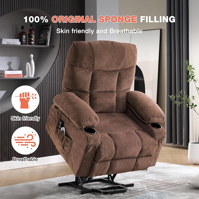 MAHOMICO Power Lift Recliner Chair for Elderly with Vibration Massage and Lumbar Heating,Electric Lift Recliner Single Sofa with Side Pocket,Two Cup Holders and USB Charge Port for Living Room