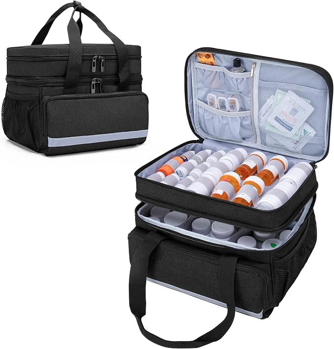 CURMIO Double Layers Pill Bottle Organizer, Medicine Storage Case, Black | Emergency Medical Supplies for Home Care, for First Aid Kits, Multifunctional Bag, Home Storage, Dormitory, Travel, Empty Bag
