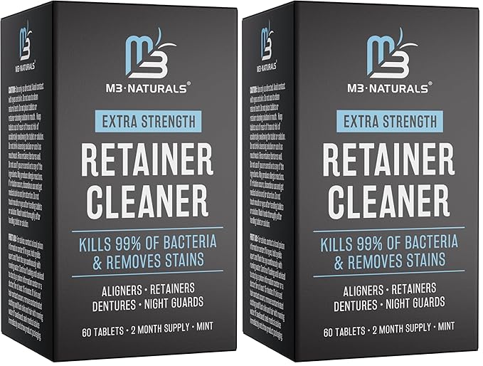 Retainer Cleanser Tablets Cleaner, Removes Odors Discoloration Stains and Plaque 2 Month Supply Denture Cleansers Retainers Mouth Guards Denture Bath Mint by M3 Naturals (Pack of 2)
