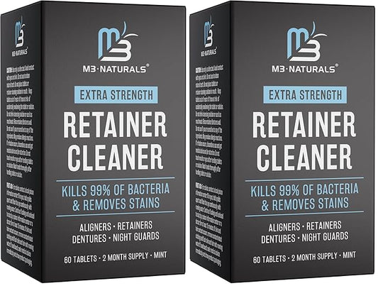 Retainer Cleanser Tablets Cleaner, Removes Odors Discoloration Stains and Plaque 2 Month Supply Denture Cleansers Retainers Mouth Guards Denture Bath Mint by M3 Naturals (Pack of 2)