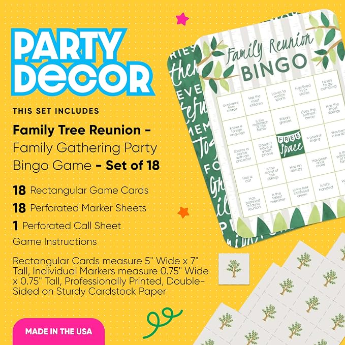 Big Dot of Happiness Family Tree Reunion Bingo Game - Find Someone Game with 18 Cards and Markers, Family Gathering Ice Breaker Activity, Perfect for Large Groups