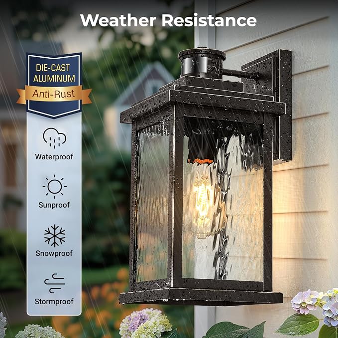 VIANIS Advanced Motion Sensor Light Outdoor, Exterior Lighting Fixtures | Waterproof Aluminum, Easy-to-Install, Water Glass, 2 Pack Large Bronze Porch Lights Outdoor for Porch, Garden, Front Door