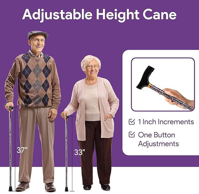 Folding Walking Cane for Women and Men - 33" - 37" Adjustable Height Aluminum Walking Stick for Stability and Balance - Folds Compactly to Four Parts for Travel and Storage - Black Floral Design
