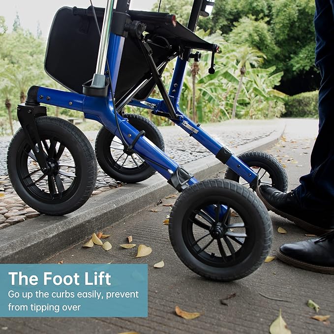 ELENKER All-Terrain Rollator Walker with Non-Pneumatic Tire 12” Front Wheels, Compact Folding Design for Seniors, Blue