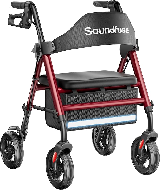 Rollator Walkers with Seat for Seniors, Foldable 8" Big Wheels All Terrain Rolling Walker, Handles and Ergonomic Seat Height Adjustable, 350lb Weight Capacity