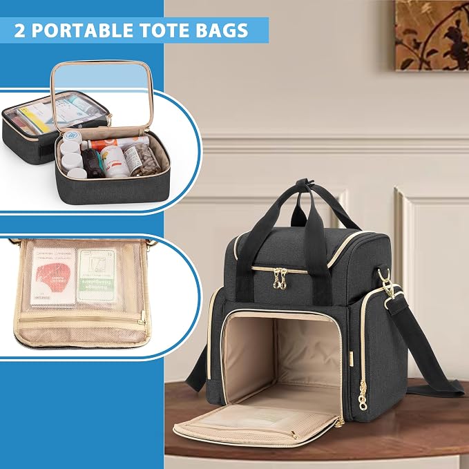 LUXJA Large Medicine Bag with 2 Removable Cases, Black | Medicine Storage Bag with Multiple Pockets, Pill Bottle Organizer with Shoulder Strap, Trolley Sleeve for Travel or Home