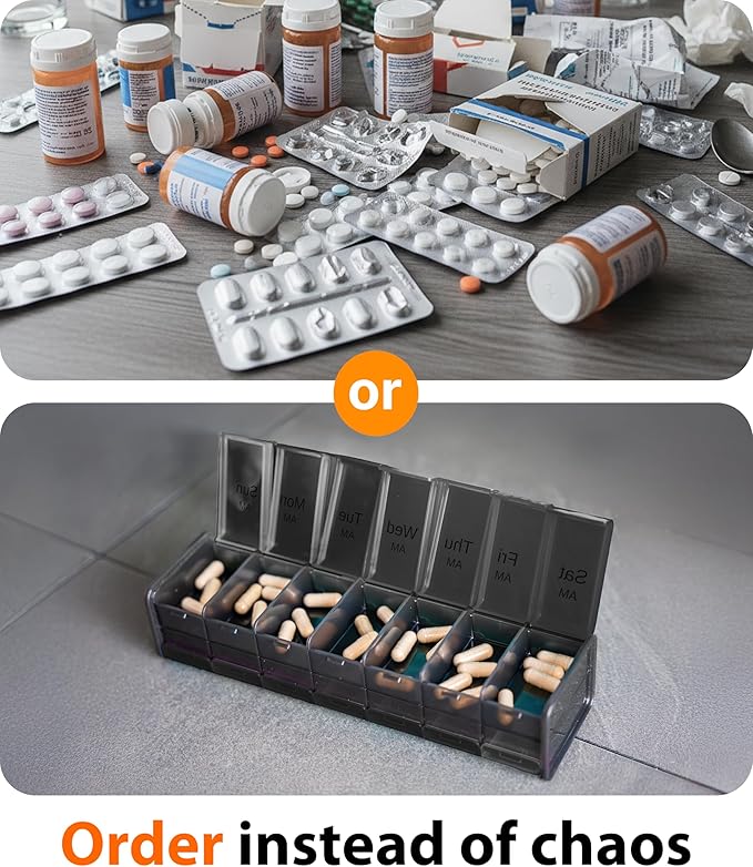 Extra Large Pill Organizer - XXL Vitamin Holder for Weekly Supplements - Double Sided Pill Box 7 Day with Big AM PM Compartments Huge Daily Medicine Dispenser 2 Times a Day Reliable and Easy-to-Use