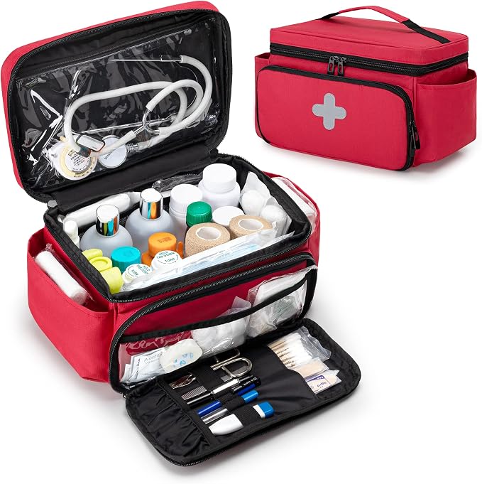 CURMIO Small Medicine Storage Bag, Empty Family First Aid Kits Case, Red | Emergency Medical Supplies for Home Care, Pill Bottle Organizer, Multifunctional Bag for Medical Use, Dormitory, Travel