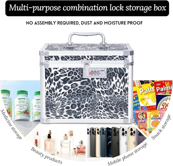 Medication Combination Lock Boxes with Code for Personal Items, Medicine Lockbox for Documents 10 x 7.25 x 7.75 Inches Black Leopard