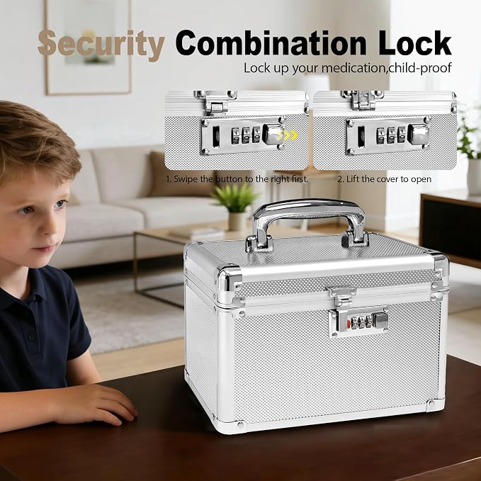 Silver Medication Combination Lock Boxes with Code for Personal Items, Medicine Lockbox for Documents 9.76 x 6.02 x 7.48 Inches Colorful Small