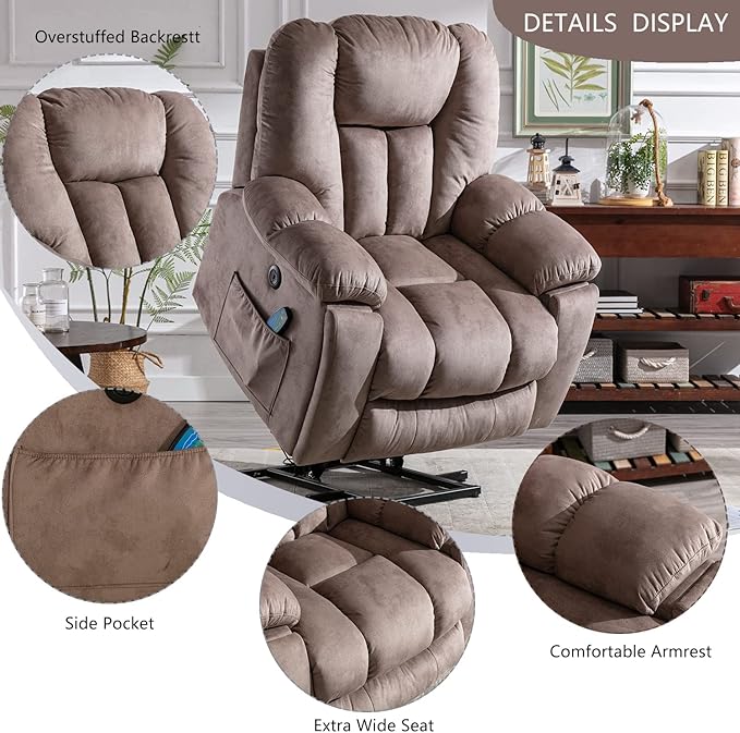 Power Lift Recliner Chair with Massage and Heat for Elderly, Overstuffed Wide Recliners, Heavy Duty and Safety Motion Reclining Mechanism with USB Ports, 2 Concealed Cup Holders, Apricot