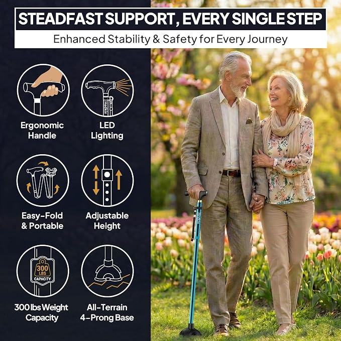 Walking Cane with LED Light, Foldable,Adjustable, Self Standing Walking Canes for Men & Women,Walking Sticks with Quad Base for Seniors & Adults
