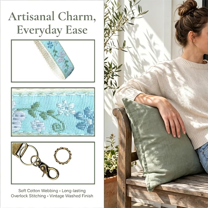 Boho Vintage Embroidered Floral plant Wristlet Keychain for Women | Cute Lanyard&Antique Brass Clasp, Lightweight Hands-Free Key Holder for keys,purses,handbags and daily outdoor use for ladies