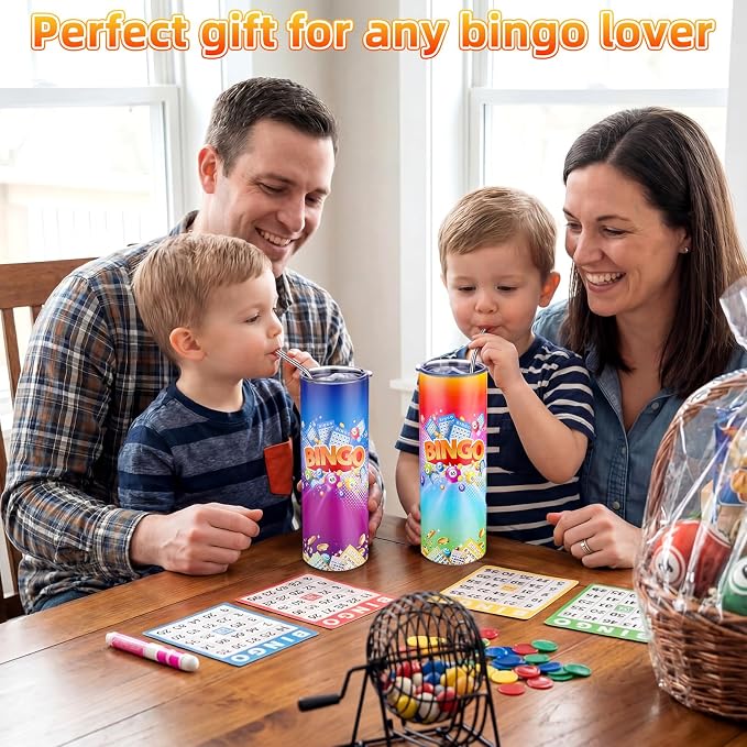 Geiserailie 2 Pack Bingo Tumbler Cups 20 oz Game Gifts Stainless Steel Tumbler with Lids Prizes for Seniors Mom Grandma Dad (Bright)