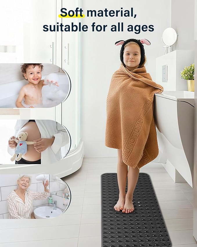 Non Slip Bathtub Mat for Tub & Shower, Machine Washable 40"x16" Anti Slip Bath Mat with 2 Hooks, Soft & Comfortable and Extra Largefor Families, Black