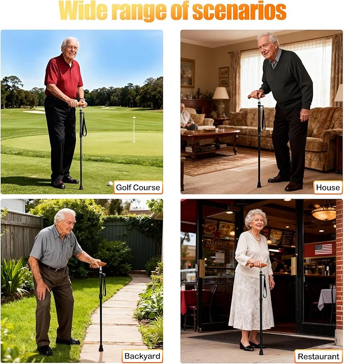 Folding Carbon Fiber Cane with Ergonomic Wooden Handle - Adjustable & Lightweight Easy to Carry Walking Stick for Elderly Men and Women, Travel Cane,Seniors Mobility Aid for Balance and Stability