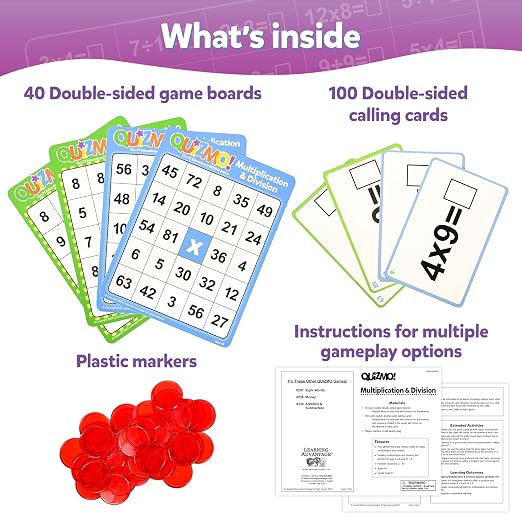 LEARNING ADVANTAGE QUIZMO Multiplication & Division, Bingo Style Math Game | 2 Game Modes for Ages 8+, Teach Basic Mathematics