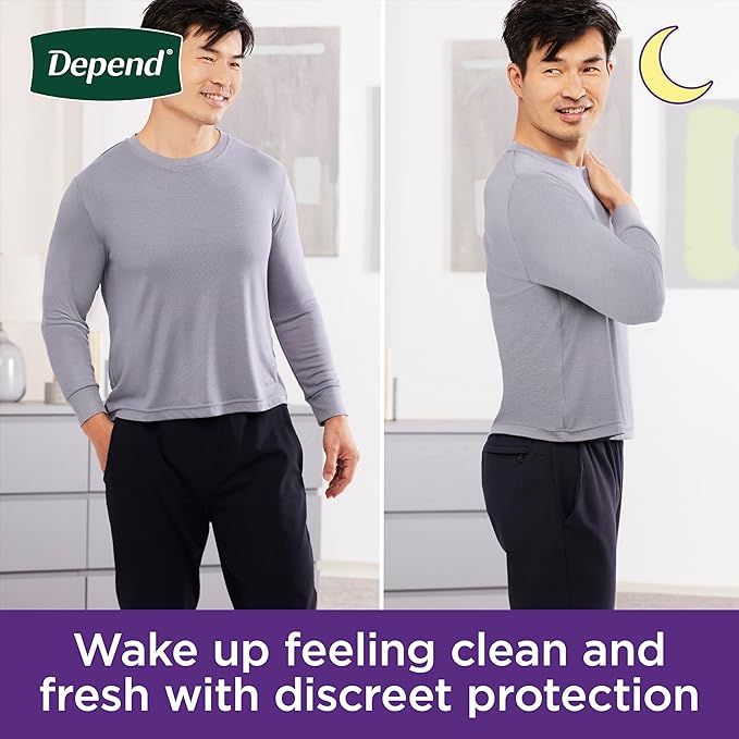 Depend Night Defense Adult Diapers, Incontinence Underwear for Men, Disposable, Overnight, Large, Grey, 56 Count (4 Packs of 14), Packaging May Vary