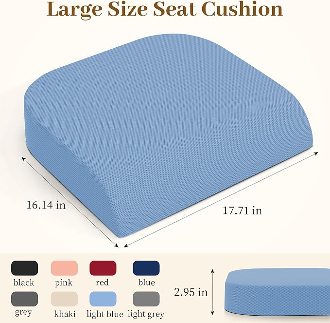 TranquilRelax Memory Foam Seat Cushion for Office Chair, 3-Inch, Light Blue | Medium-firm Support for Long Sitting, Washable Mesh Cover, Non-slip Base, Perfect for Car Seats & Short Drivers