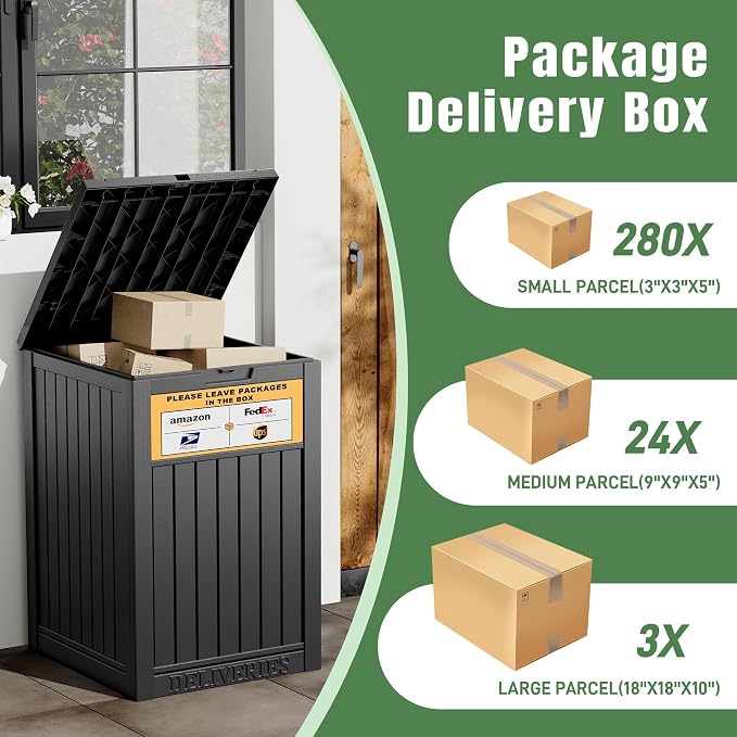 Package Delivery Box for Outside with Sign, Secure Lockable Waterproof Package Delivery Container, Resin Deck Box for Porch & Garden, Classic Black