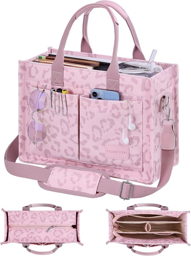 FIORETTO Canvas Tote Bag for Women with Zipper Closure & Individual Compartments for Work College for Teacher & Nurse