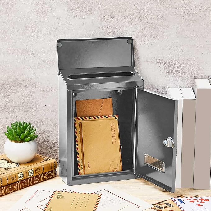 Amylove Weatherproof Mail Boxes with Key Lock, Security Locking Wall Mount Metal Mailbox with Slot for Outside, Large Capacity for Mail, Packages, Donations, Voting 11. 8" h x 8. 3" l x 2. 8" w, Gray