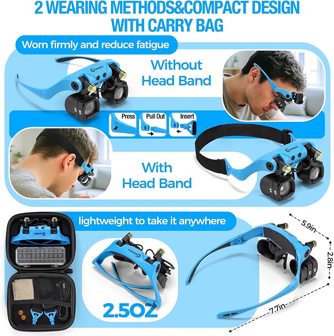 Rechargeable Magnifying Glass with Light 2X-23X,5 Pairs Lens Combos | Single Eye Observation,w/Storage Case, Switchable Headband Magnifier,Lightweight Handsfree for Close Work Watch Repair Crafts