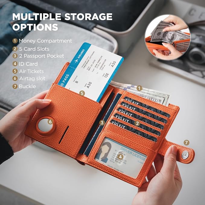 VULKIT Dual Leather Passport Wallet with Airtag Holder Slim Double Passport Holder RFID Blocking Passport Travel Wallet for Women or Men