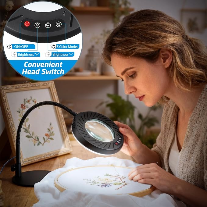 12X Magnifying Glass with Light and Stand, LED Magnifying Lamp with Clamp | 5 Color Modes, Stepless Dimmable, Flexible Gooseneck, for Diamond Painting and Small Craft Work Hobby Reading Sewing