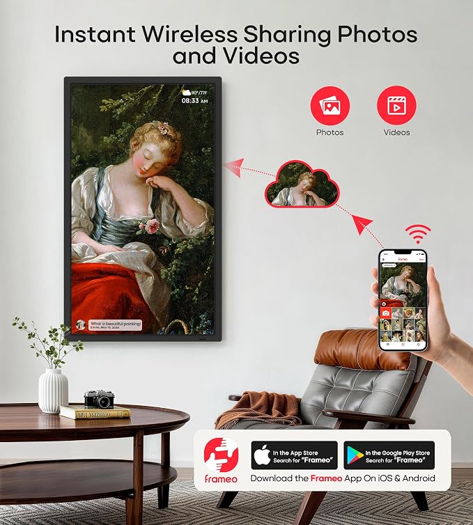 Frameo 32" Extra Large Digital Picture Frame WiFi 64GB, 1920 x 1080 FHD IPS Touch Screen Electronic Photo Frames, Wall Mounted, Auto-Rotate, Support USB and SD Card, Share Photos Videos Instantly