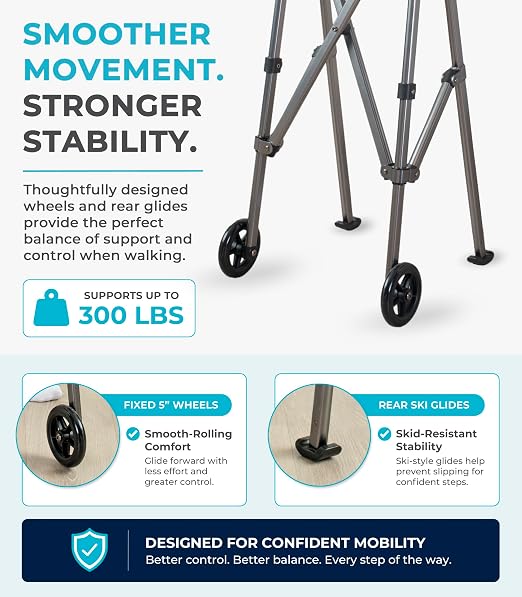 Stander Wonder Walker with 5-inch Wheels, Lightweight Folding Walker for Adults, Seniors, and Elderly, Collapsible Travel Walker, Ski Glides for Mobility Support, Compact, Black Walnut