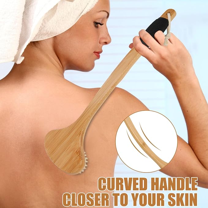 OWIIZI Back Scrub Brush for Shower,Stiff Boar Bristles Bamboo Curved Long Handle Antiskid Body Bath Brush for Back Use Wet or Dry,Deep Cleanse Large Surface Back Scrubber | 17.5" Bamboo Curved Long Handle Bath Brushes,Large Surface Deep Cleanse Back Sc...