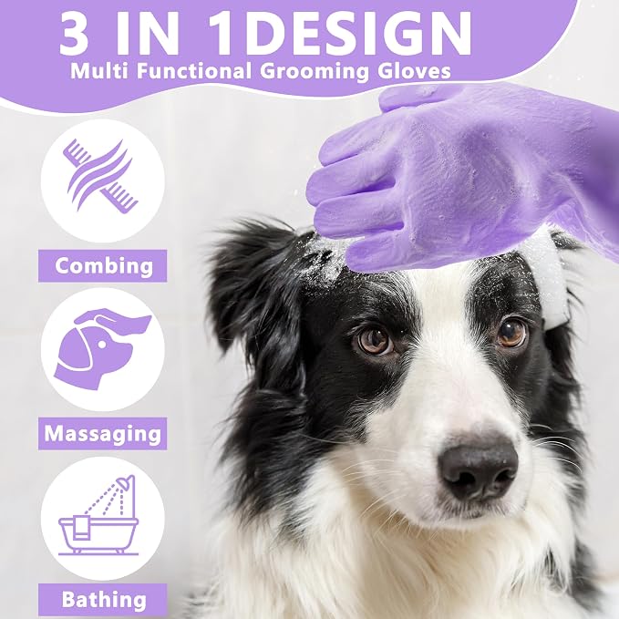 Pet Grooming Gloves—Dog Washing Gloves with High-Density Teeth, Dog Bath Scrubber with Enhanced Five Finger Design, Silicone Gloves for Dogs and Cats Bathing, Massage (Purple)