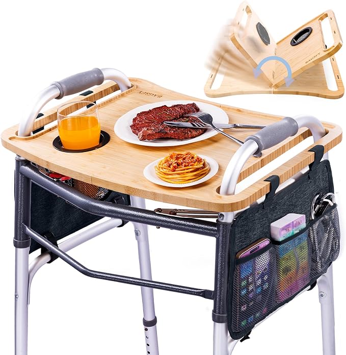 Walker Tray Table with Side Pockets & Cup Holder for Folding Walkers, Foldable Bamboo Walker Tray for Seniors, Stable Walker Accessories with Raised Edges for Meals, Drinks, Reading &Daily Living