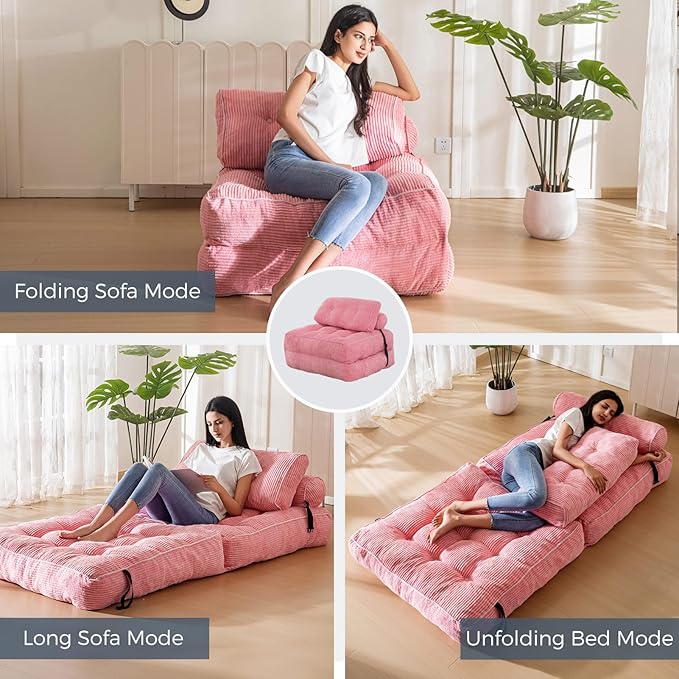 MAXYOYO Folding Sofa Bed, Convertible Sleeper Chair with Pillow Foldable Mattress with Back Support, Portable Fold Out Chair Bed Comfy Floor Sofa Lounge for Living Room Bedroom, Pink, Single