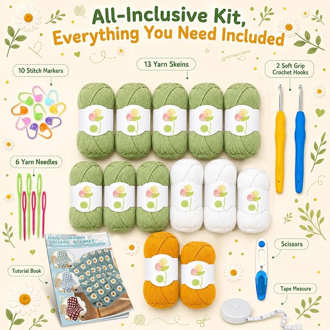 Coopay Crochet Kit for Beginners Adults, Large Granny Square Blanket Kit | Step-by-Step Guide Book & Video Tutorial, 1200g Anti-Pilling Yarn, Ideal Crochet Gift for Family & Beginners