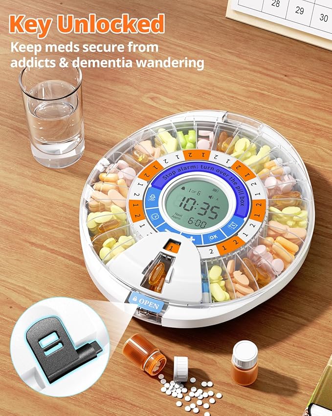 Betife 2nd Gen Automatic Pill Dispenser for Elderly with Alarm | 28 Slots, Key Locked, Alarm & Light Reminder, Mix-Proof, XL Display, 6 Dosage Rings，Easy Setup