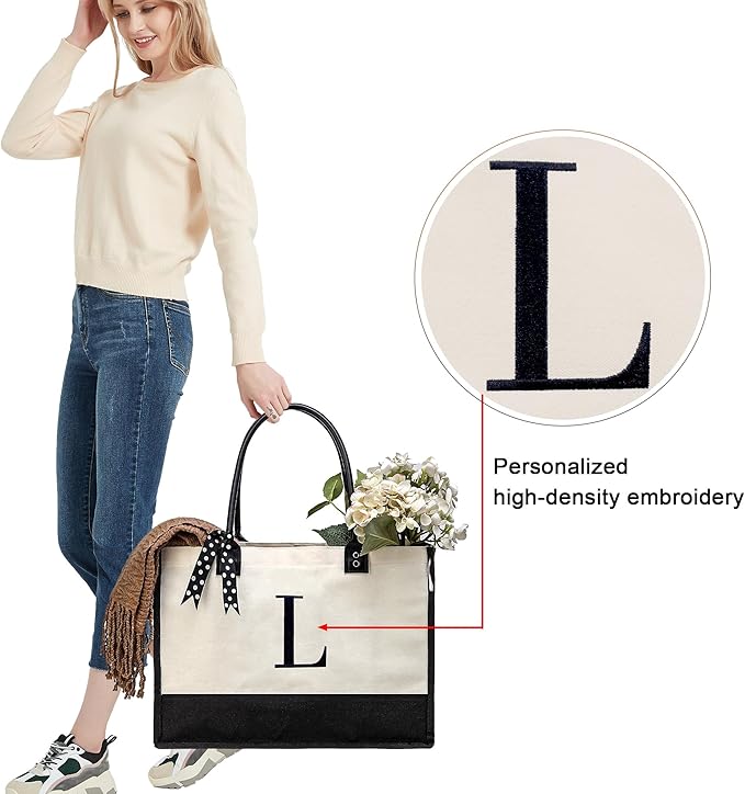 BeeGreen Christmas Gifts Initial Canvas Tote Bags, Personalized Birthday Gift for Women Mom Gift Embroidery Monogram Bags White Cotton with Leather Handle Organized Inner Pocket L
