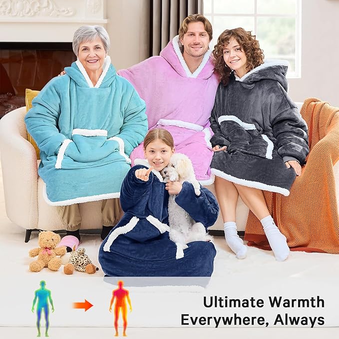 JOYWOO Navy Kids Wearable Blanket Hoodie, Oversized Cat lovers Hoodie Blanket for kids & Teens,Birthday Gifts for Girl Boys,Warm Cozy Fuzzy Sherpa Fleece Sweatshirt Blankets with Giant Pocket Gifts