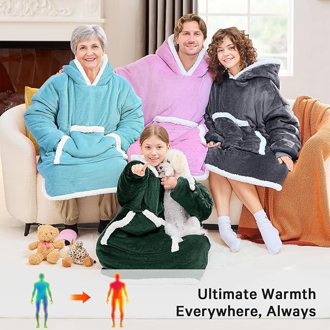 JOYWOO Green Kids Wearable Blanket Hoodie, Oversized Cat lovers Hoodie Blanket for kids & Teens,Birthday Gifts for Girl Boys,Cozy Fuzzy Sherpa Fleece Blanket Giant Pocket Winter Gifts,Dark Green